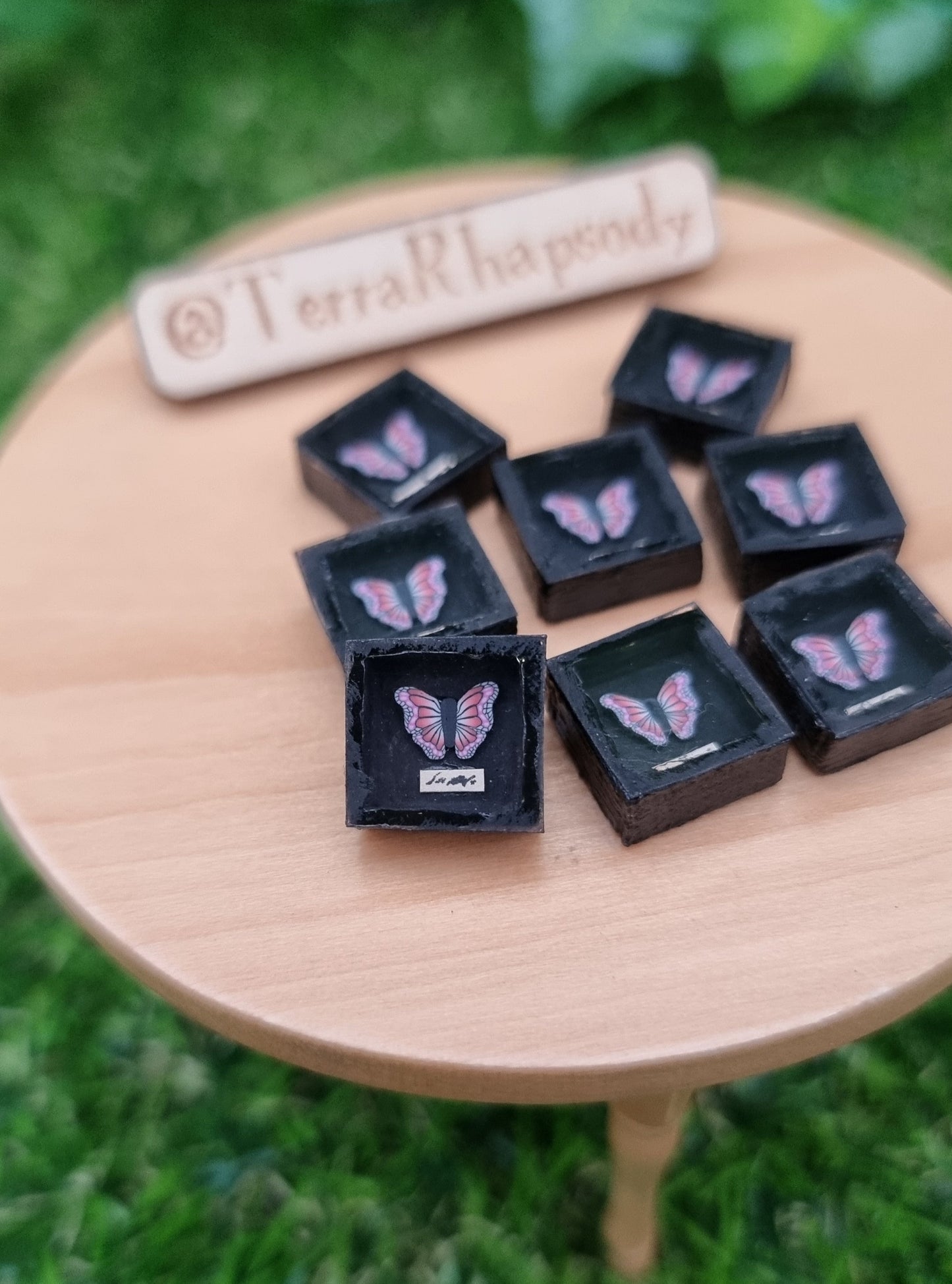 8 1:12 scale miniature black shadow boxes containing pink and purple butterflies are displayed on a miniature wooden table with a sign in the background with @TerraRhapsody