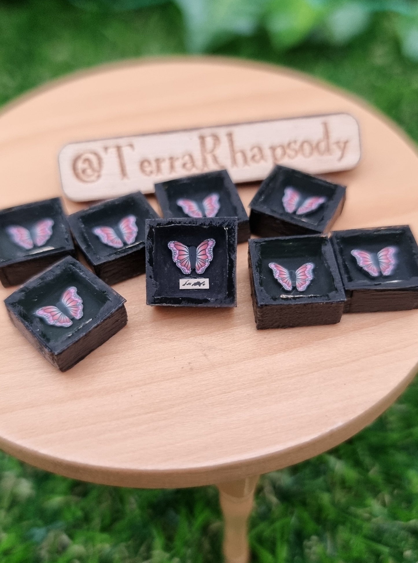 8 1:12 scale miniature black shadow boxes containing pink and purple butterflies are displayed on a miniature wooden table with a sign in the background with @TerraRhapsody