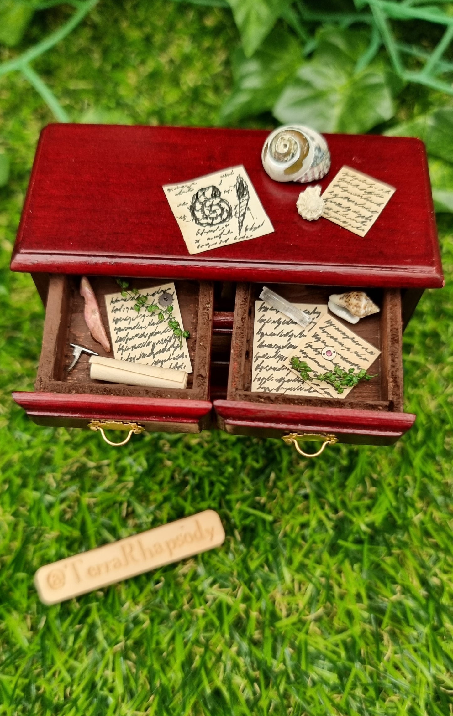 Miniature 1:12 scale chest of drawers sits on a green background. The chest is topped with shells and parchments, and two drawers are open, containing parchments and curios . @terrarhapsody is written on wood beside it