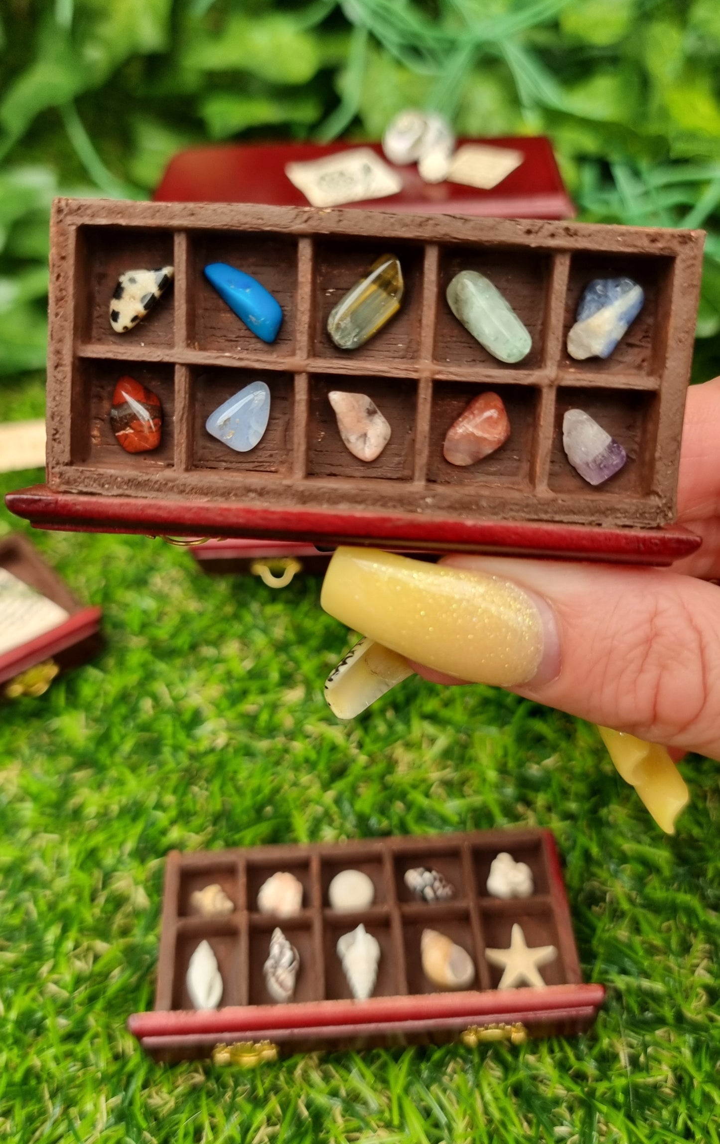 Miniature 1:12 scale chest of drawers sits on a green background. The chest is topped with shells and parchments. A hand holds one drawer, displaying rock and mineral specimens in divided sections. 2 other drawers sit in front of the chest