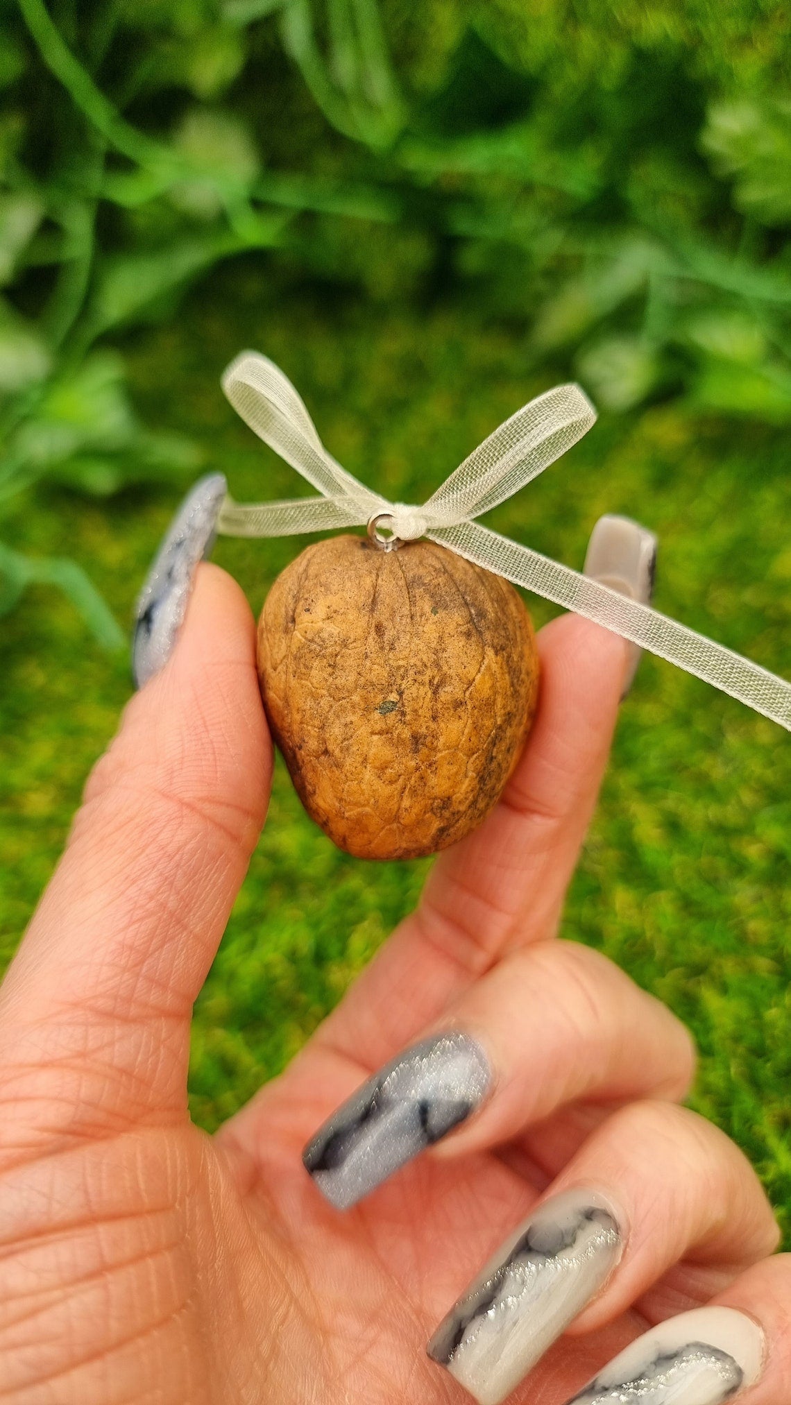 The back of a walnut shell half is held between fingers. The shell top has an eyelet with a cream organza ribbon on it tied in a bow