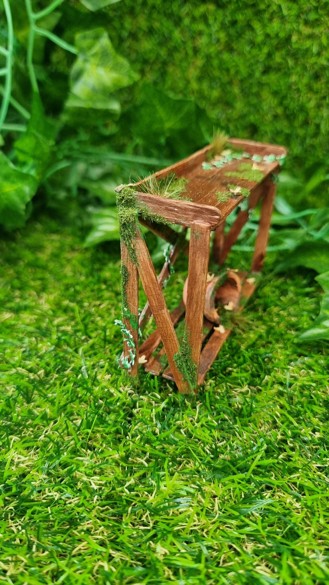 Miniature abandoned potting bench 1:12 scale dollshouse garden furniture with terracotta pot and ivy