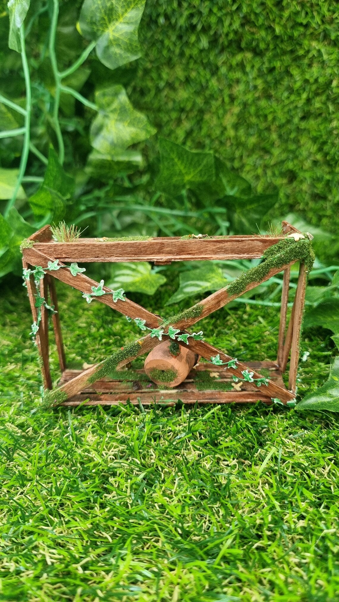Miniature abandoned potting bench 1:12 scale dollshouse garden furniture with terracotta pot and ivy