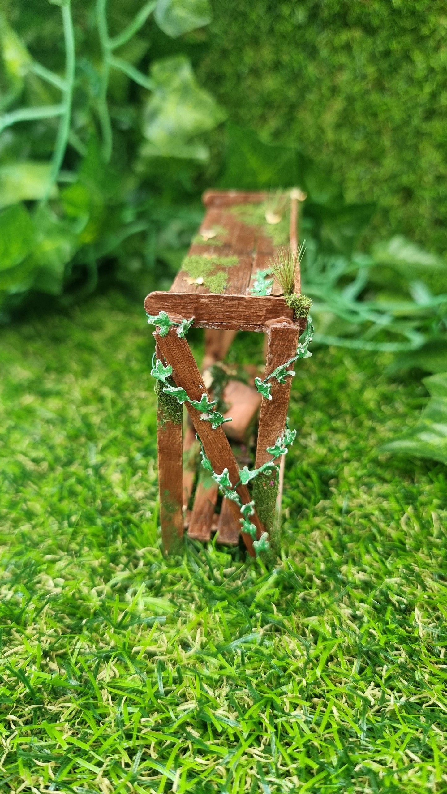 Miniature abandoned potting bench 1:12 scale dollshouse garden furniture with terracotta pot and ivy
