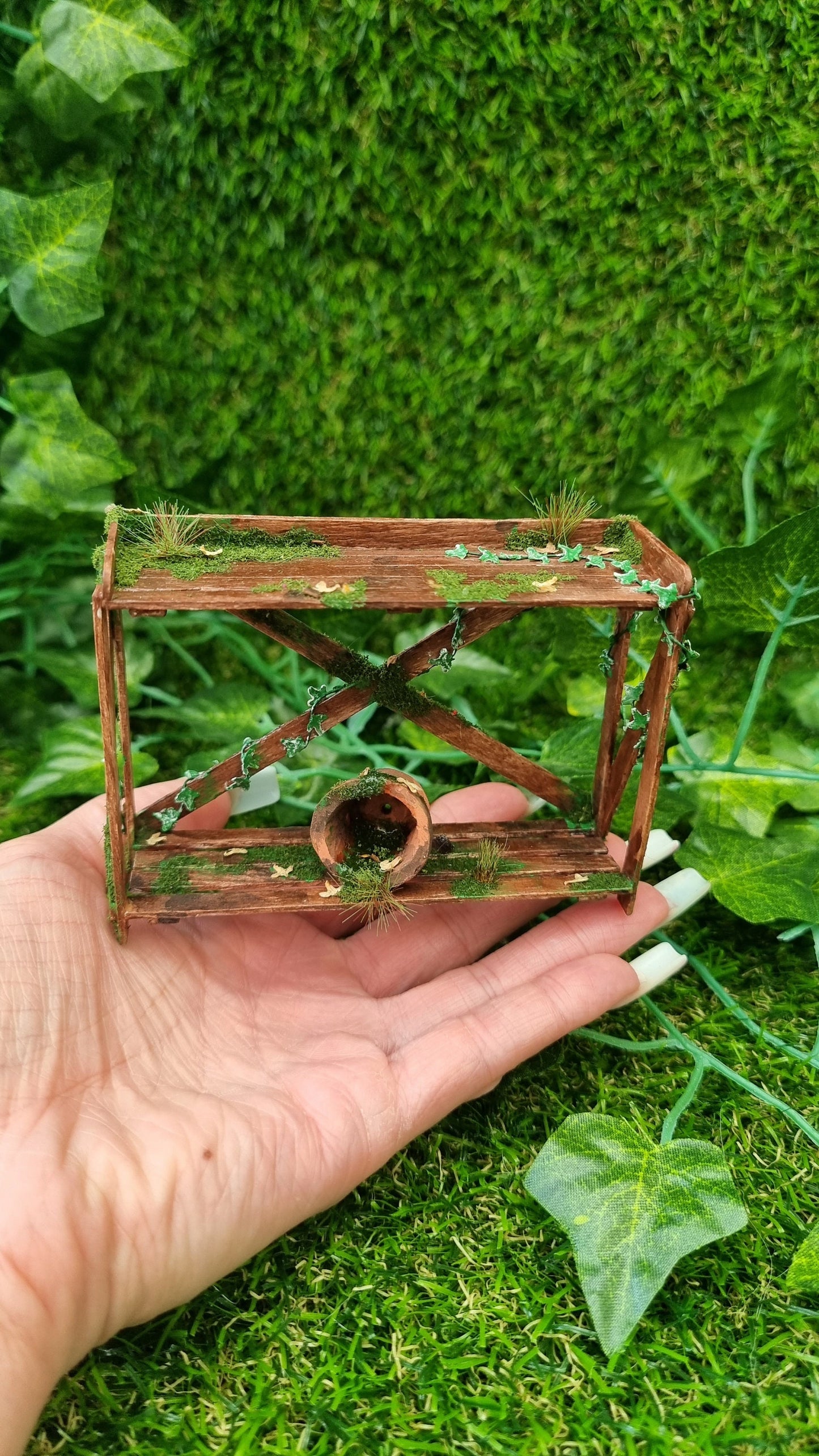Miniature abandoned potting bench 1:12 scale dollshouse garden furniture with terracotta pot and ivy