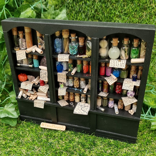 Miniature 1:12 scale black shelving unit sits against a green background. Each shelf is filled with glass vials full of potion ingredients, with other small vessels and parchments. 2 shelves have curios and trinkets, including skulls and parchment rolls