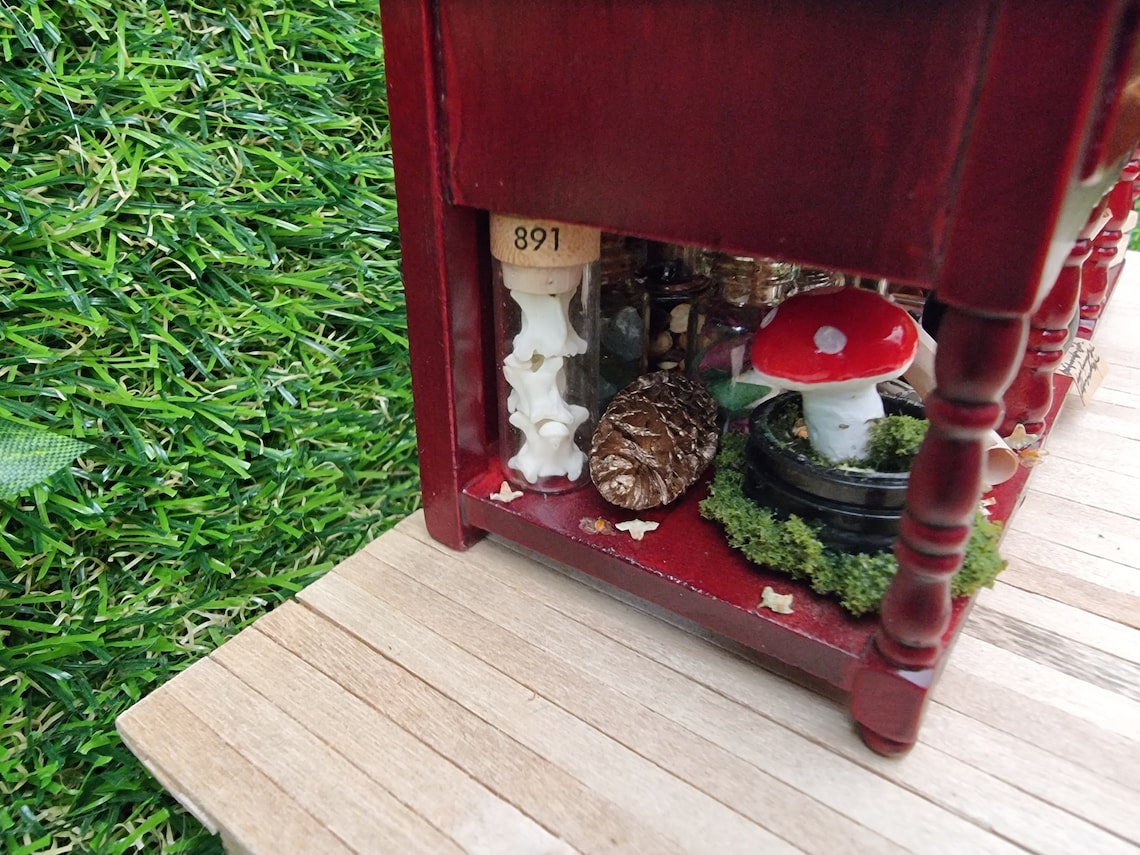 The bottom of the mahogany brown 1:12 scale miniature sideboard is shown in detail, with a fly agaric mushroom garden, golden pine cone and a glass vial containing vertebrae bones with a brown label reading 891