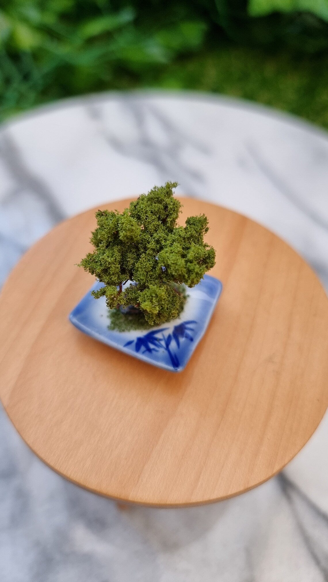 Top view of a 1:12 scale bonsai tree sitting on a miniature table. The bonsai is mounted on a small stone on a blue and white square plate with moss