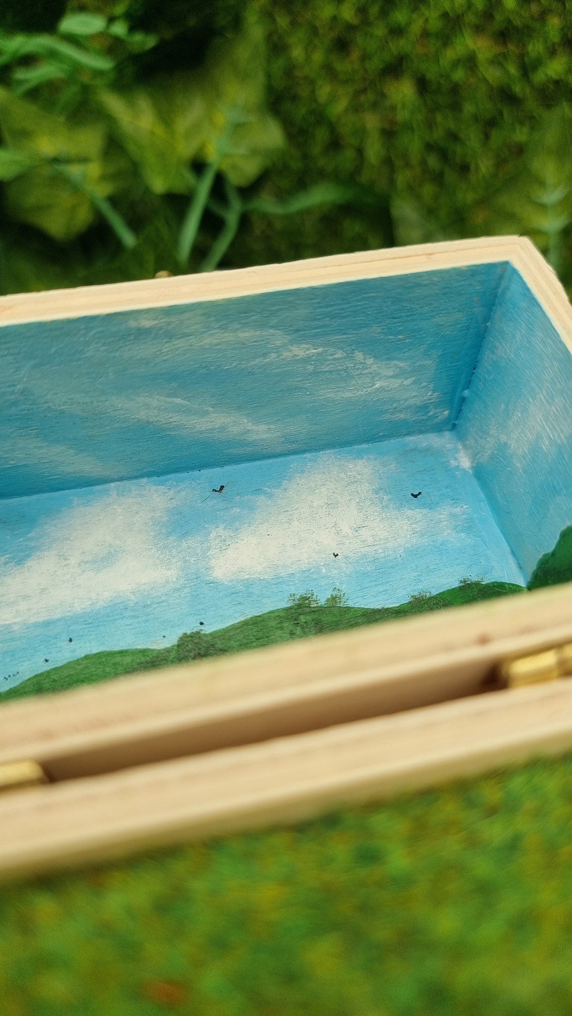 Details of a small open hinged wooden box diorama. The deep lid of the box has a painted countryside scene with green hills, blue sky, white clouds and soaring birds