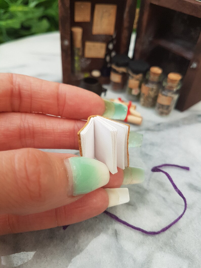 A 1:12 scale miniature brown leather bound book is held open between fingers and thumb with an apothecary cabinet and contents seen in the background