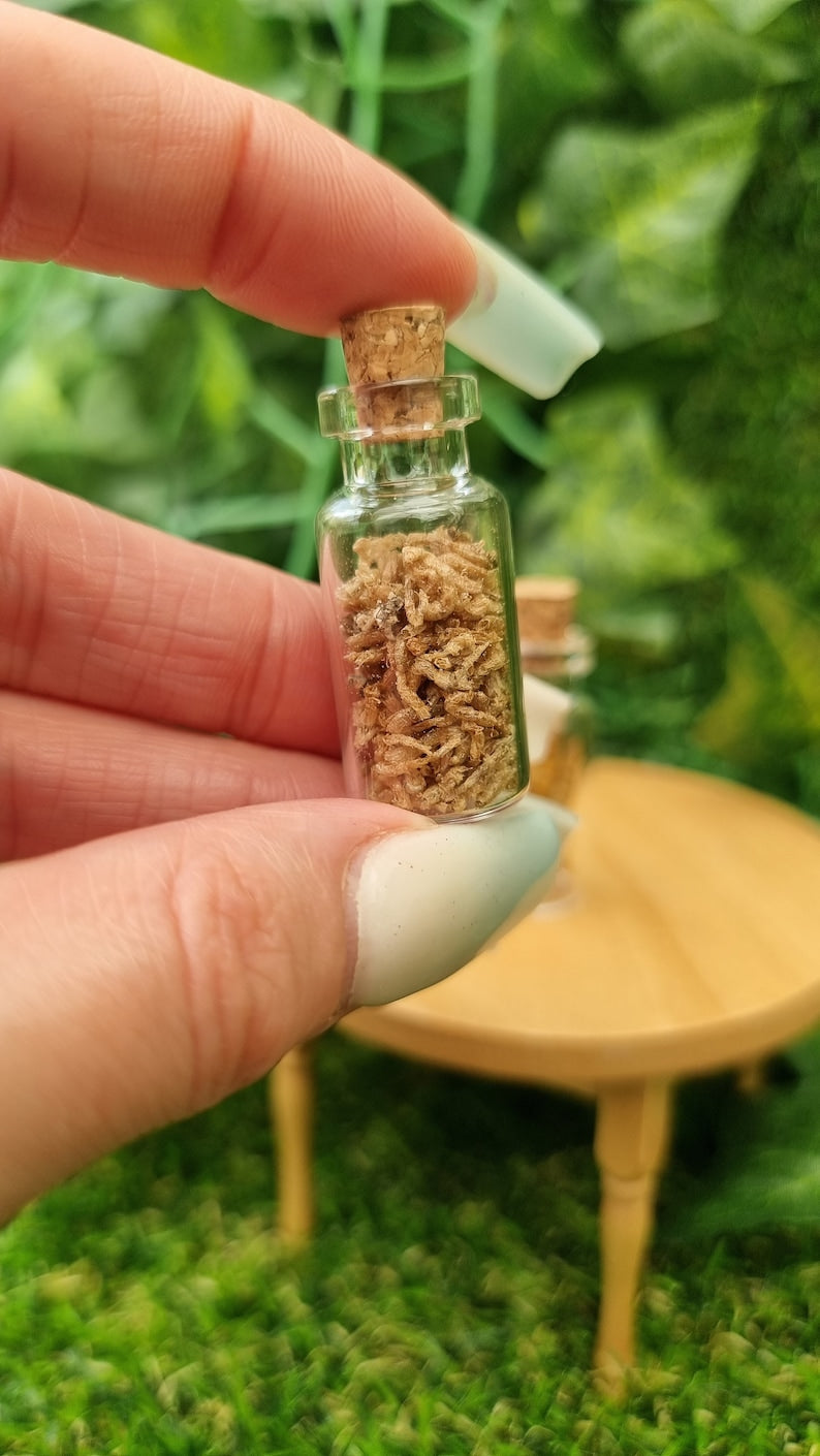 A hand holds a 1:12 scale glass bottle with cork stopper containing small, thin worms. A miniature table sits in the background