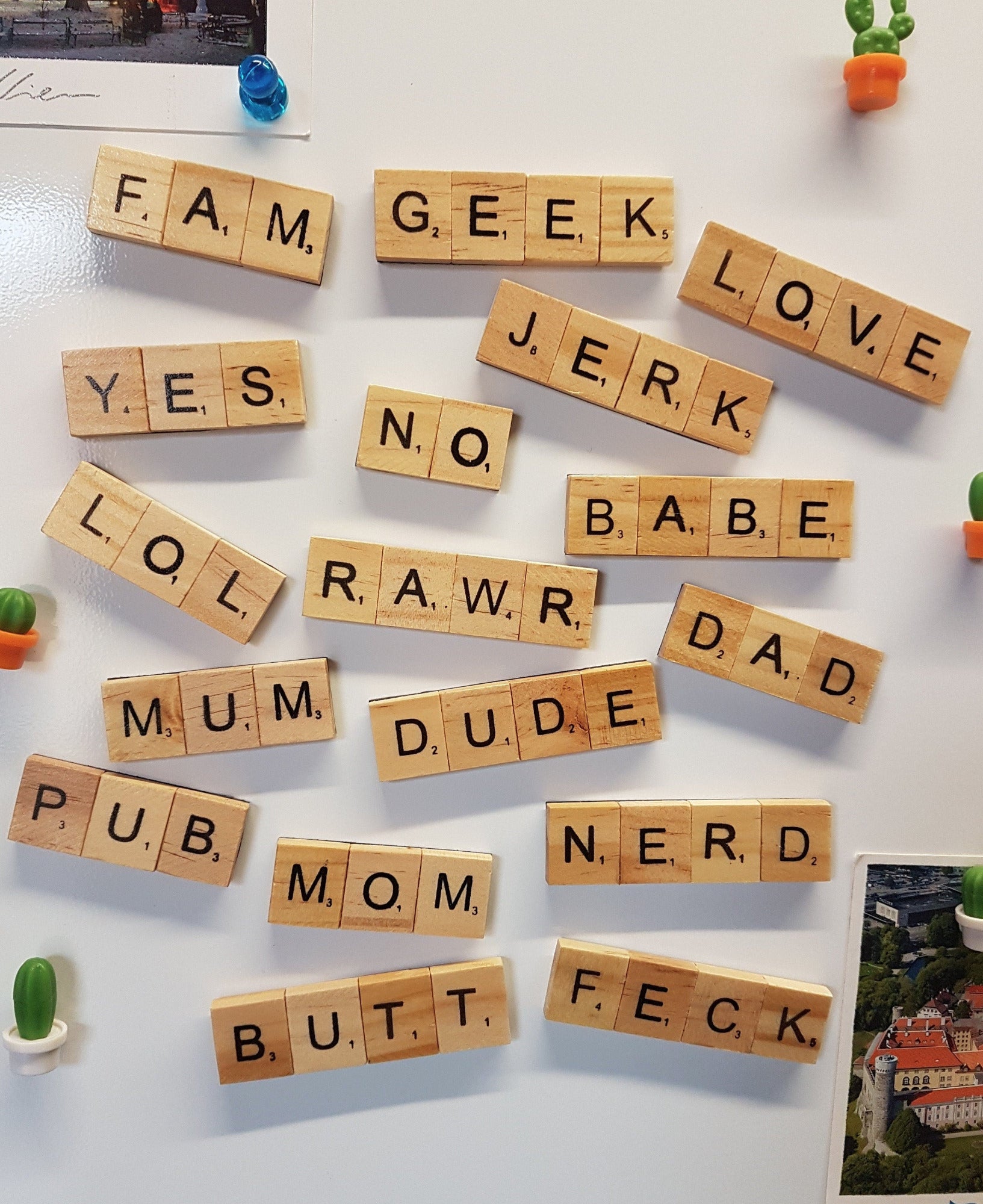 White fridge door displays 17 rectangular wooden scrabble tile magnets . The words shown include geek, love, babe, dad, jerk, mom, nerd, rawr, dude and mum