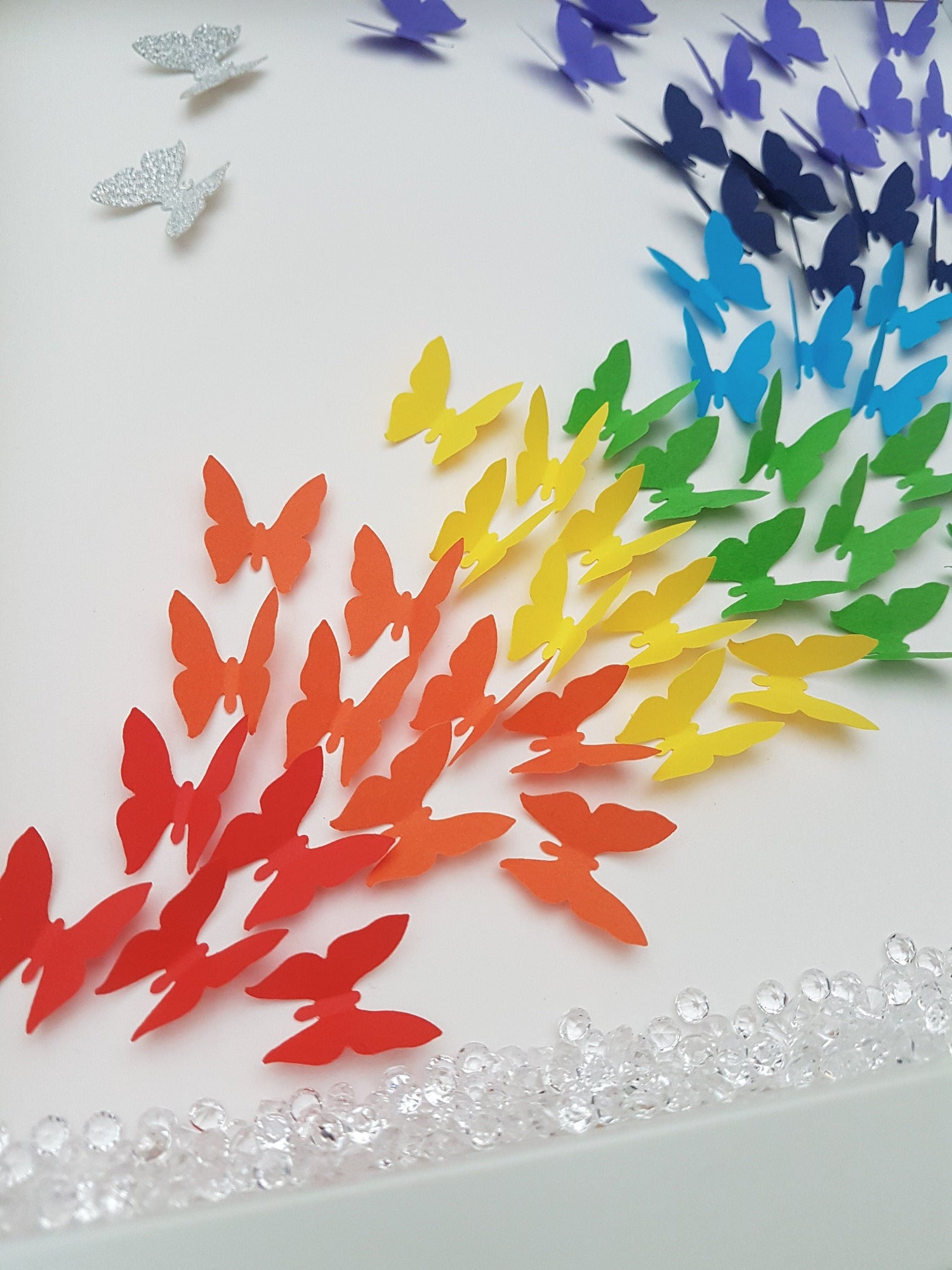 Square white box frame showing a flurry of paper butterflies in rainbow colours, moving from red butterflies in the bottom left of the frame, through rainbow colours to the top right of the frame. Plastic scatter crystals line the frame base