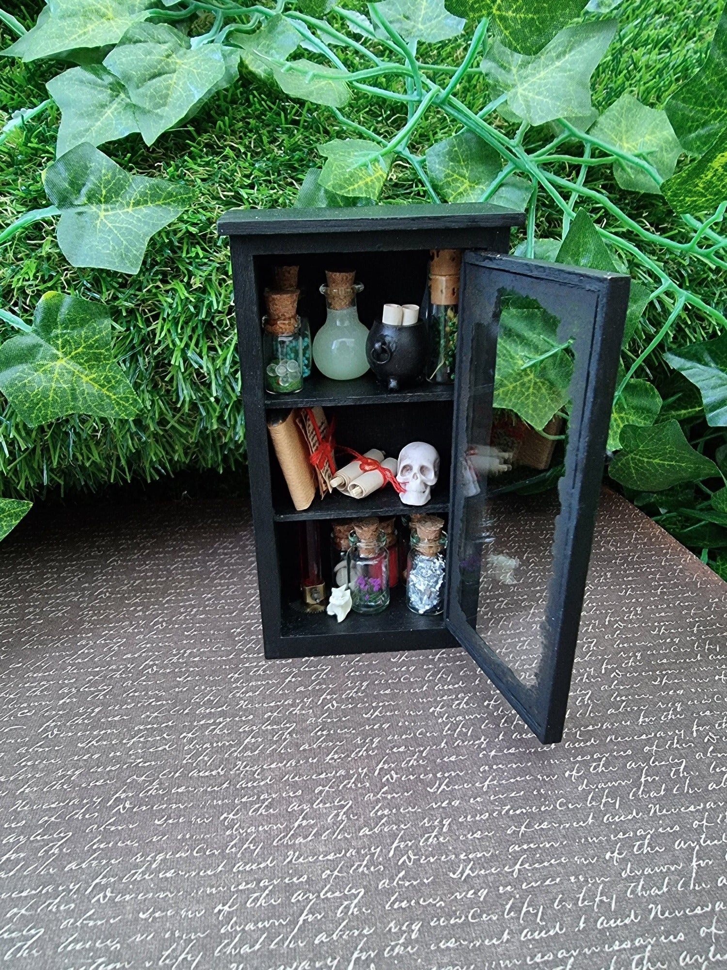 Open miniature 1:12 scale glass-fronted black apothecary cabinet stands against an ivy background. The cabinet has 3 shelves. The top shelf has apothecary bottles and a cauldron. Middle shelf has a book, skull and scroll. Bottom shelf has apothecary bottles