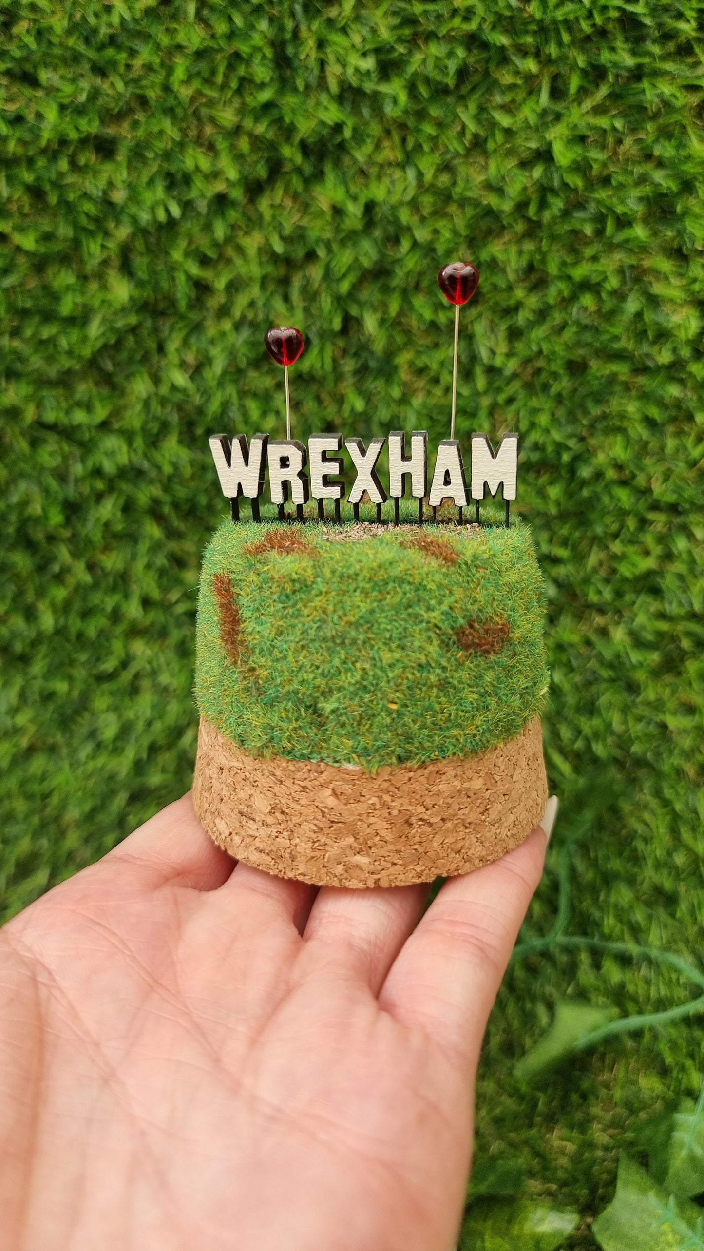 A small diorama is held on a palm. There is a green and brown grassy hill topped with a Hollywood-style Wrexham sign on top. The R and A have red heart shaped balloons on wires floating above the sign