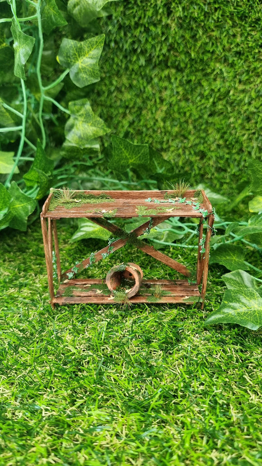 Miniature abandoned potting bench 1:12 scale dollshouse garden furniture with terracotta pot and ivy